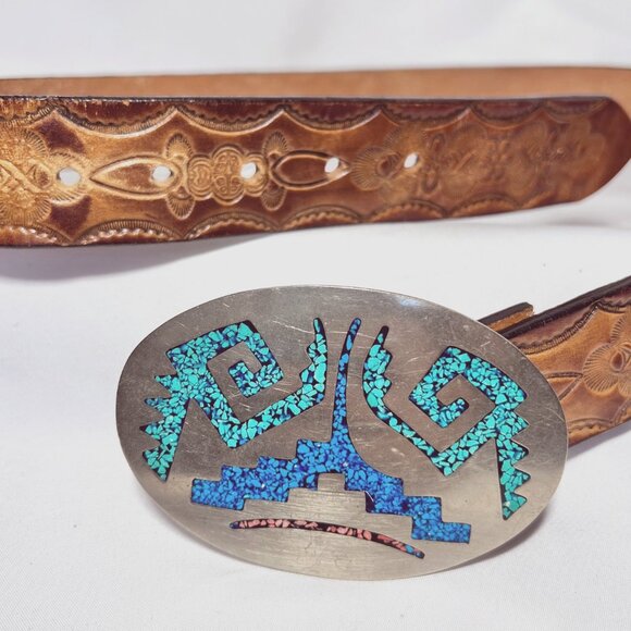 Mexican Silver-Turquoise Belt Buckle-Inlaid Stones/Chips-Tooled Leather Vintage main image 7
